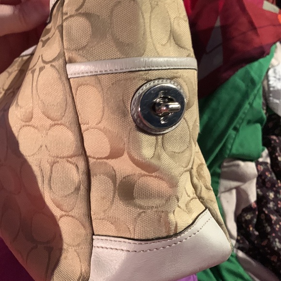 White and tan coach canvas with leather trim. - Picture 5 of 13